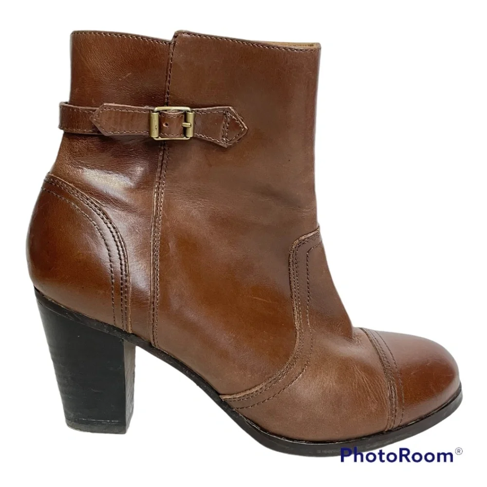 Brown leather Heeled Boots 7.5 Sebago Buckle Ankle Stacked Heel Ashton Cognac